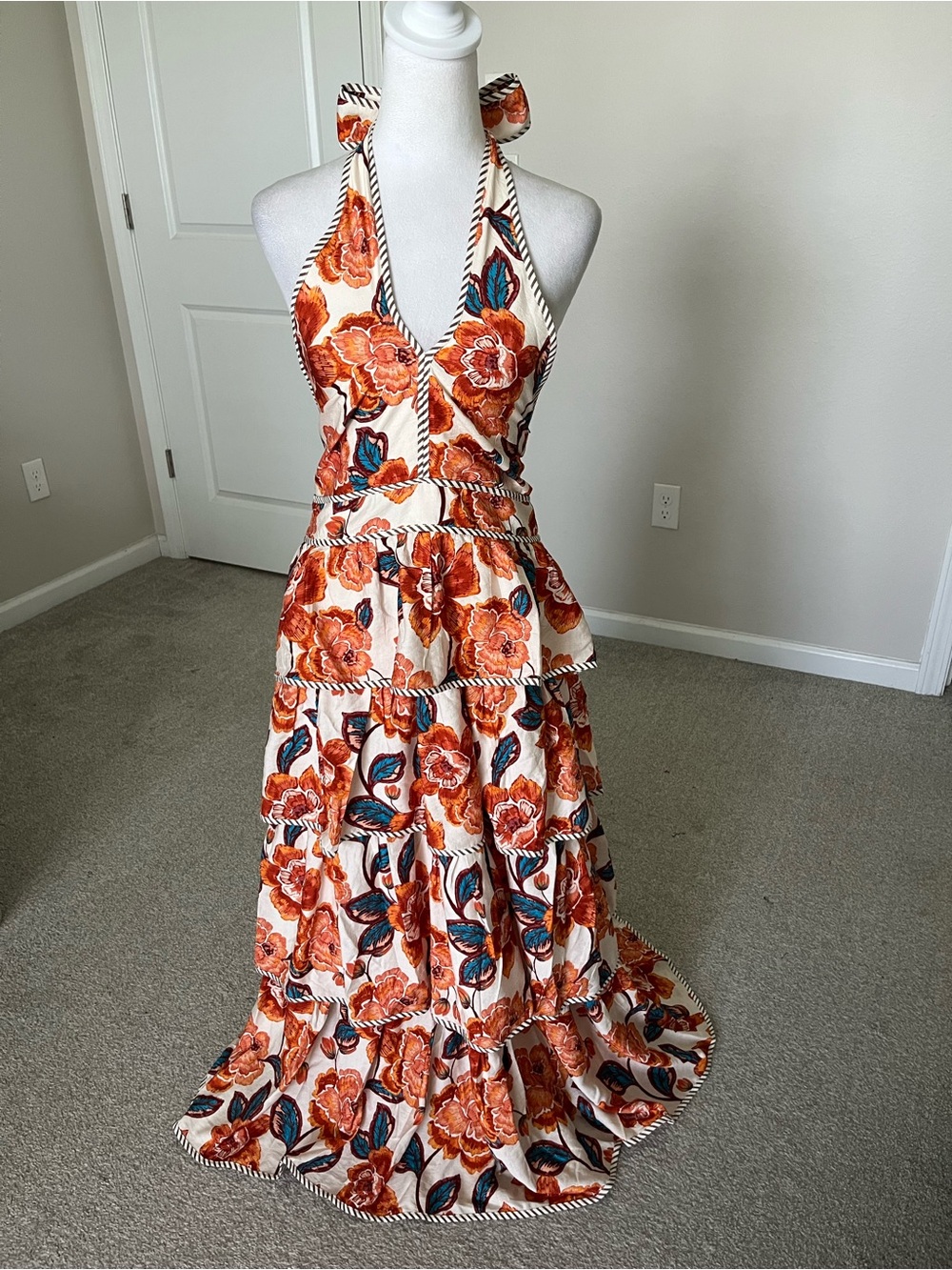 entro Orange Floral Halter Midi Dress with Teal Accents